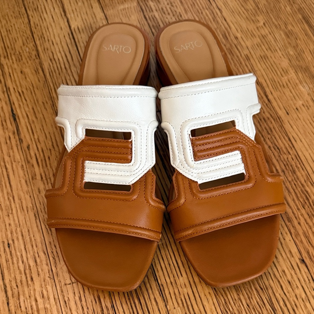 Sarto White and Tan Slide Sandals